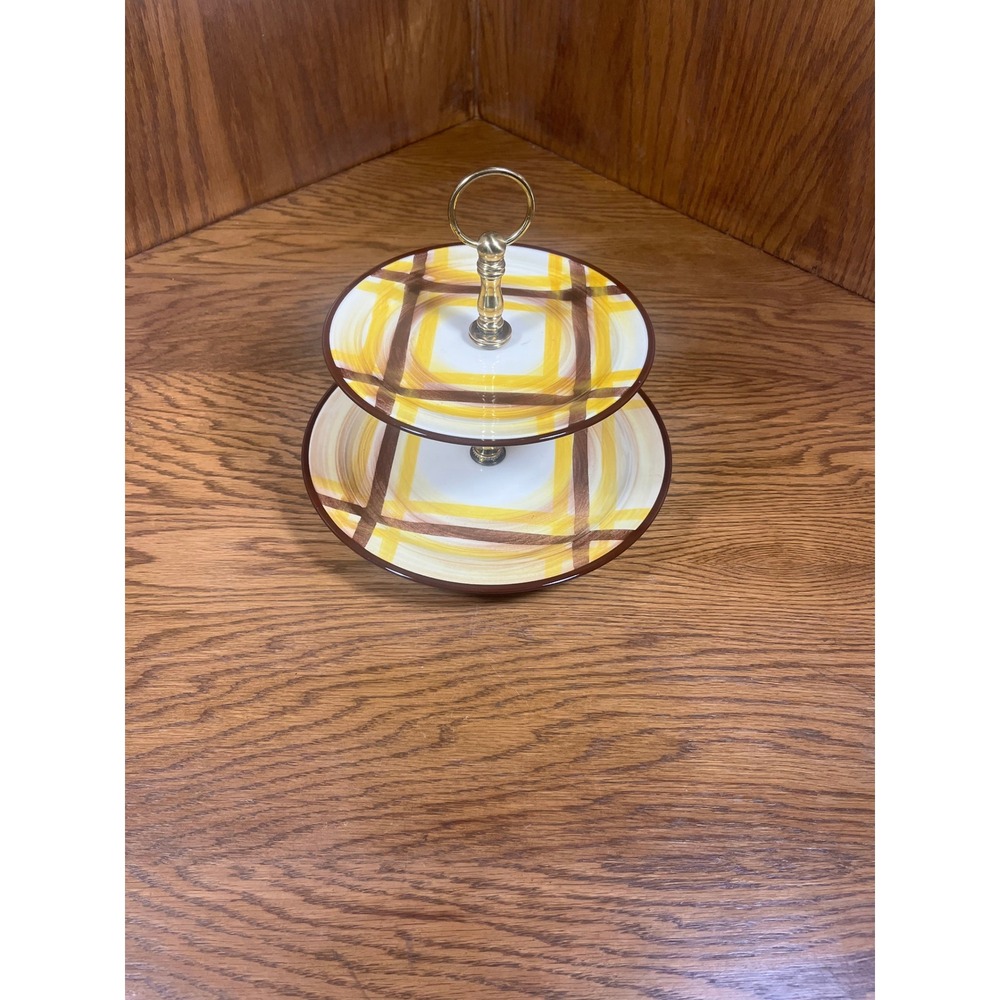 Vernonware Organdie 2 Tier Tidbit Tray Hand Painted Plaid Yellow Brown Vintage